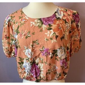 Rachel Roy Orange Peach Floral Short Sleeve Cropped Top Linen Blend Boho Large